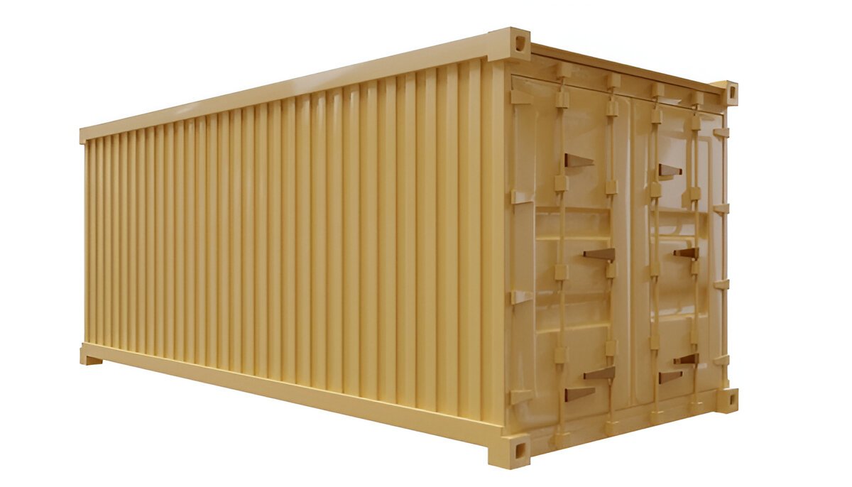 Beige steel storage container with closed double doors, isolated on a white background