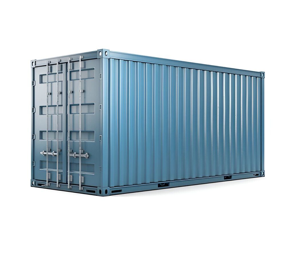 Blue steel shipping container with double locking doors on a white background