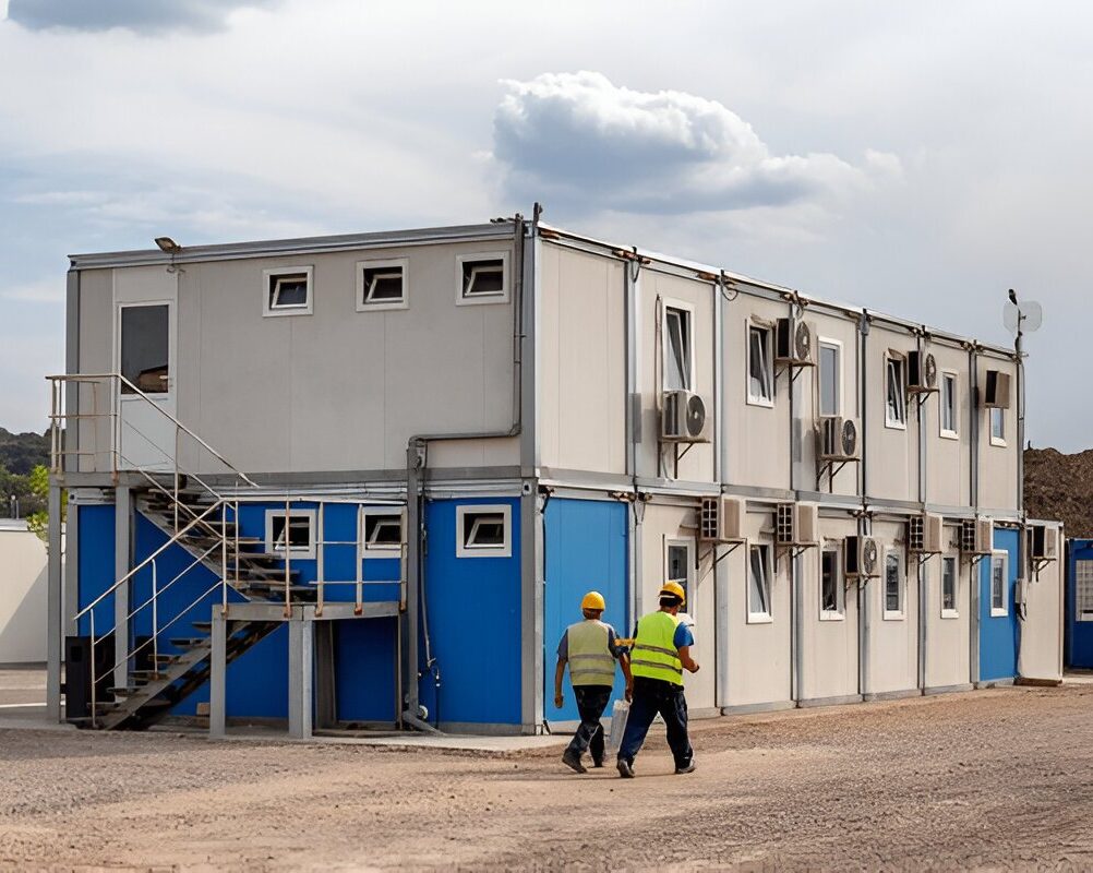 Two-story modular site offices with exterior stairs and workers in safety vests