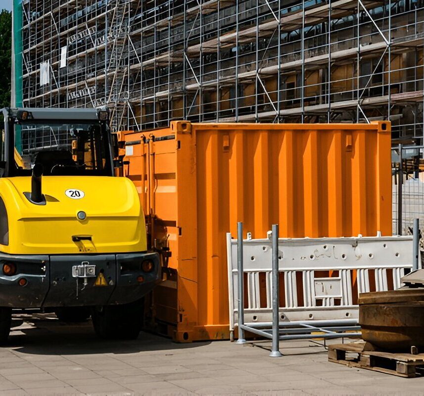 Yellow construction vehicle parked beside an orange site storage container and stacked barriers in front of a scaffolded building