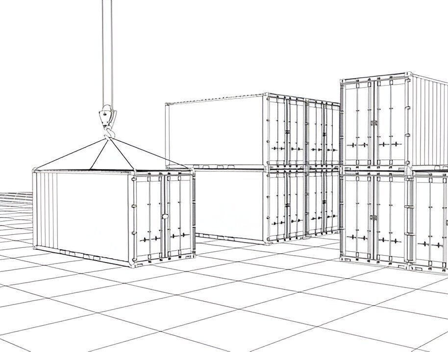 Line drawing of stacked shipping containers with a crane lifting one — Alloy Storage