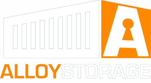 Alloy Storage logo: orange square with a white “A” keyhole icon beside container-bar graphic and the wordmark “ALLOY STORAGE”