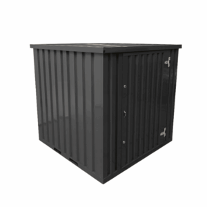 Compact dark-gray steel mini storage container with lockable single door, three-quarter view on white background