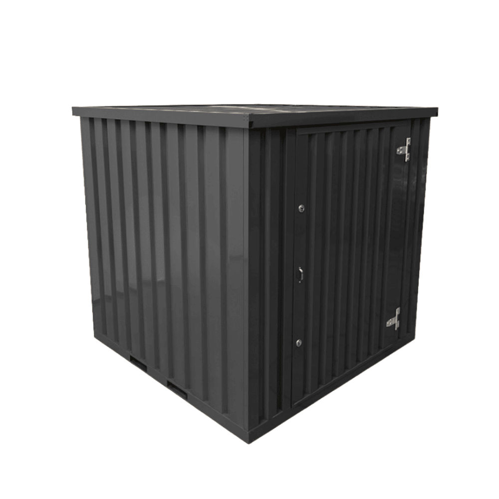 Compact dark-gray steel mini storage container with lockable single door, three-quarter view on white background
