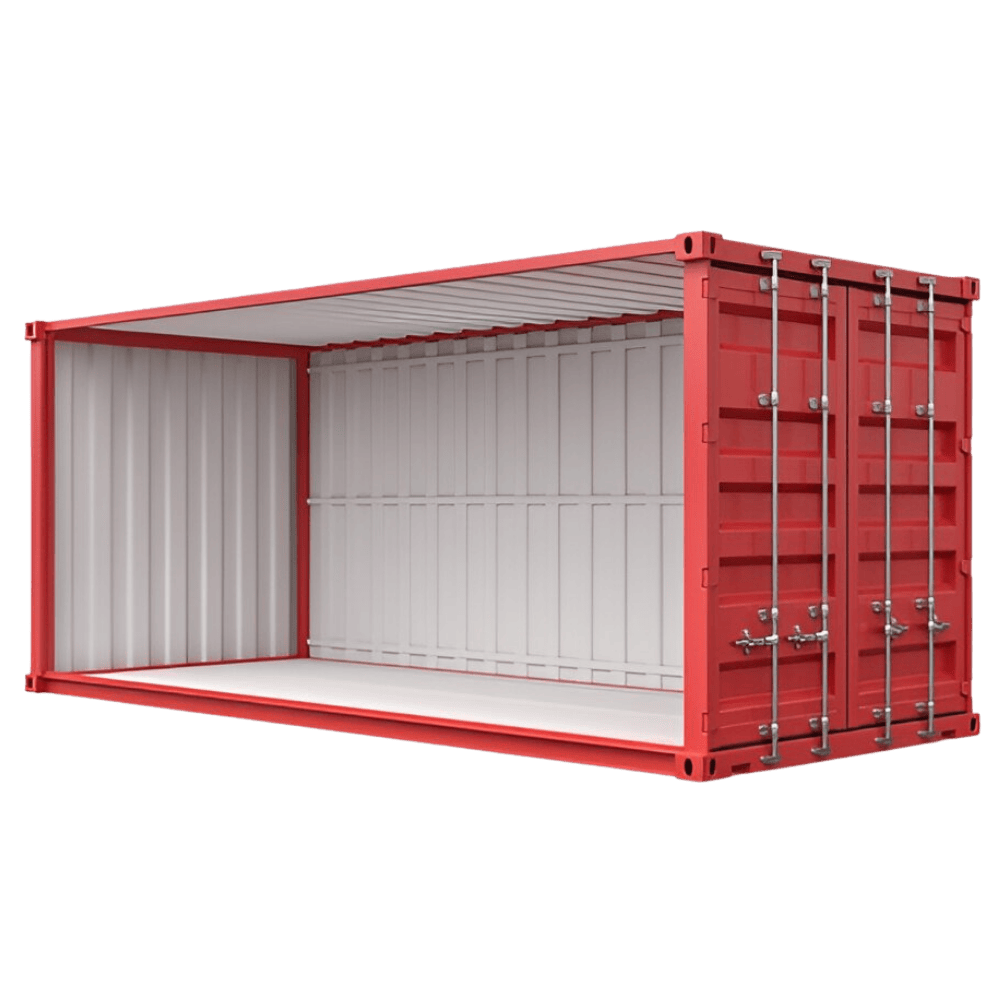 Red open-side shipping container with one long side removed, empty interior visible