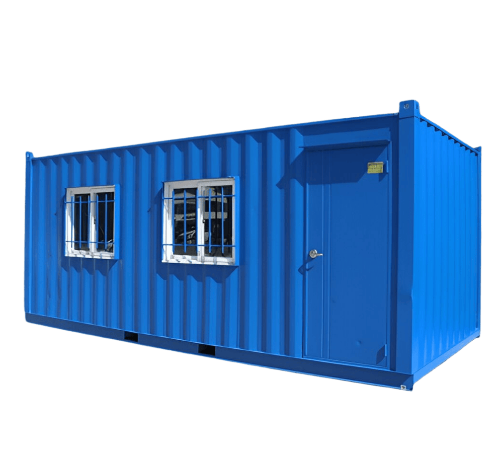 Blue portable office container with two barred windows and a steel door, isolated on a transparent background