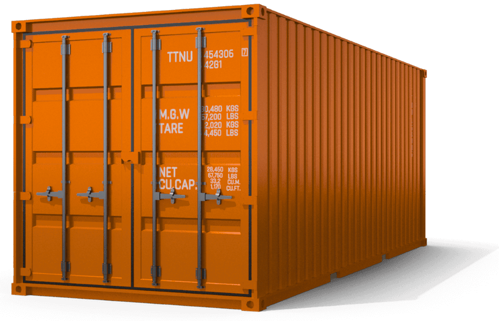 Bright orange steel shipping container with closed double doors, isolated on a transparent background