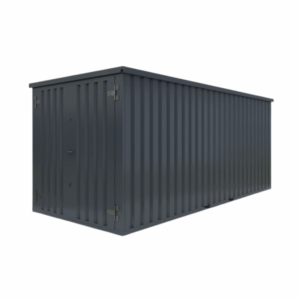 Long dark-gray steel storage container (7×16) with corrugated sides and a single lockable end door, isolated on white