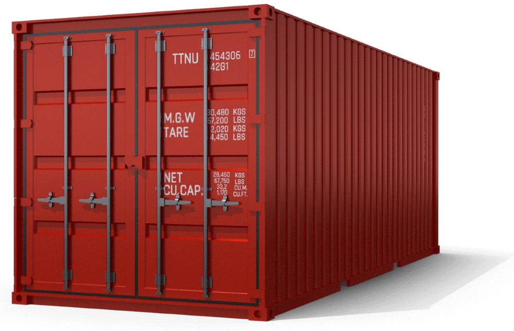 Red steel shipping storage container on a transparent background.