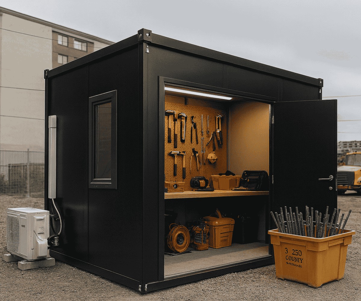 Black mobile workshop container with open door and pegboard tools at a construction site — Alloy Storage Saint John