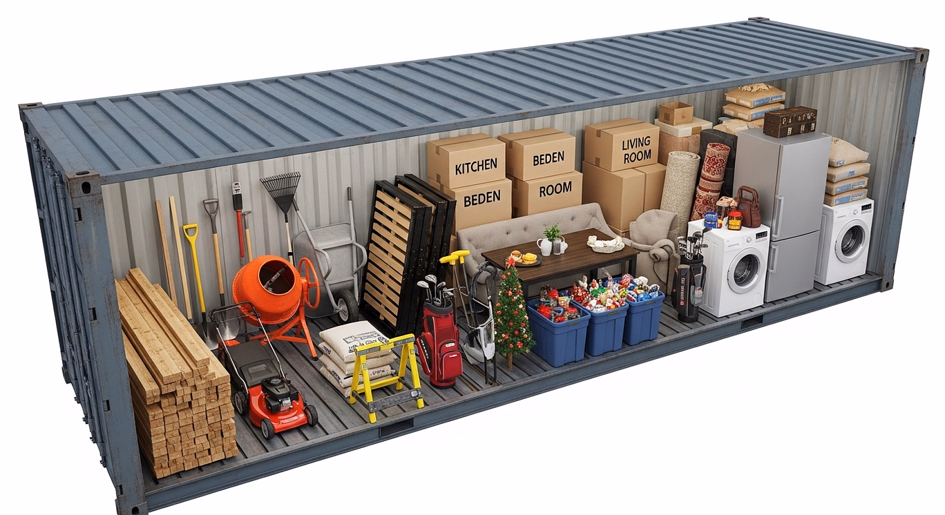 storage containers Saint John — 8×20 cutaway container with household goods, tools, lumber, and appliances