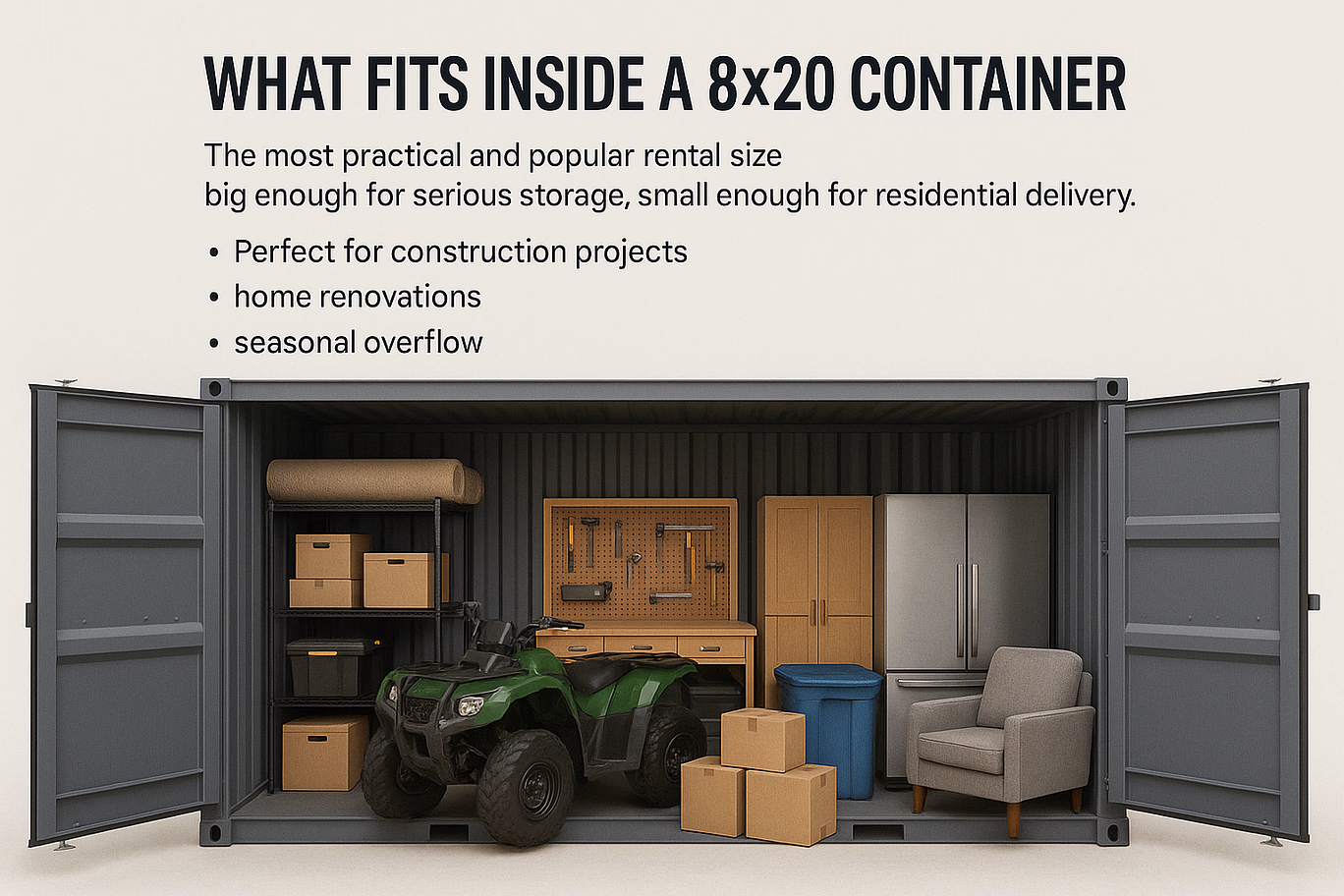 storage containers Saint John — infographic of 8×20 container with ATV, shelving, tools, furniture, fridge, and boxes