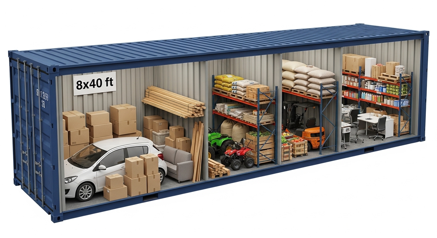 storage containers Saint John — 8×40 ft cutaway container showing parking, shelving, inventory, and small office