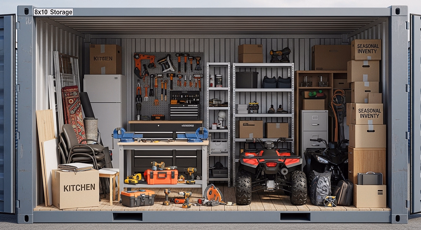 storage containers Saint John — open 8×10 storage container interior with shelving, tools, boxes, and ATV