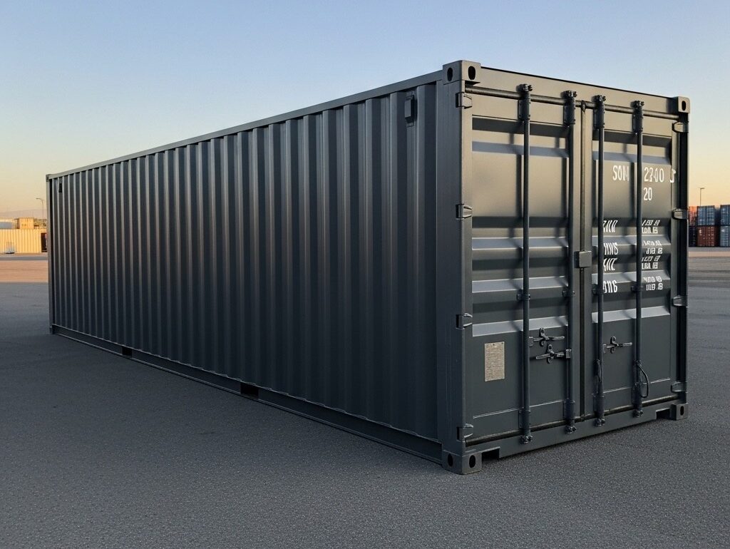storage containers Saint John — 20-ft steel container on paved lot at dusk