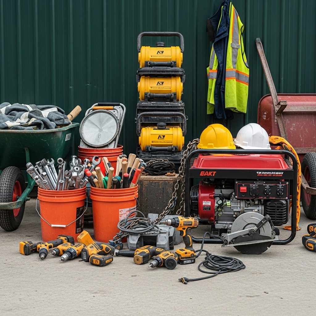 storage containers Saint John — jobsite tools with generator, saws, drills, hard hats, and buckets of hand tools