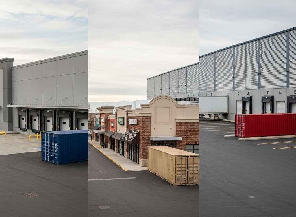 Illustrated Atlantic Canada map with various retail and e-commerce buildings using storage containers at multiple locations.