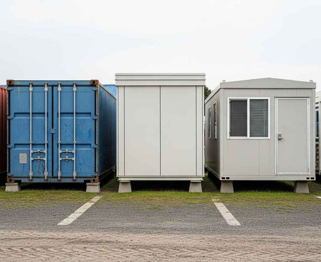 storage containers Saint John — shipping container, flat-pack unit, and portable office side by side