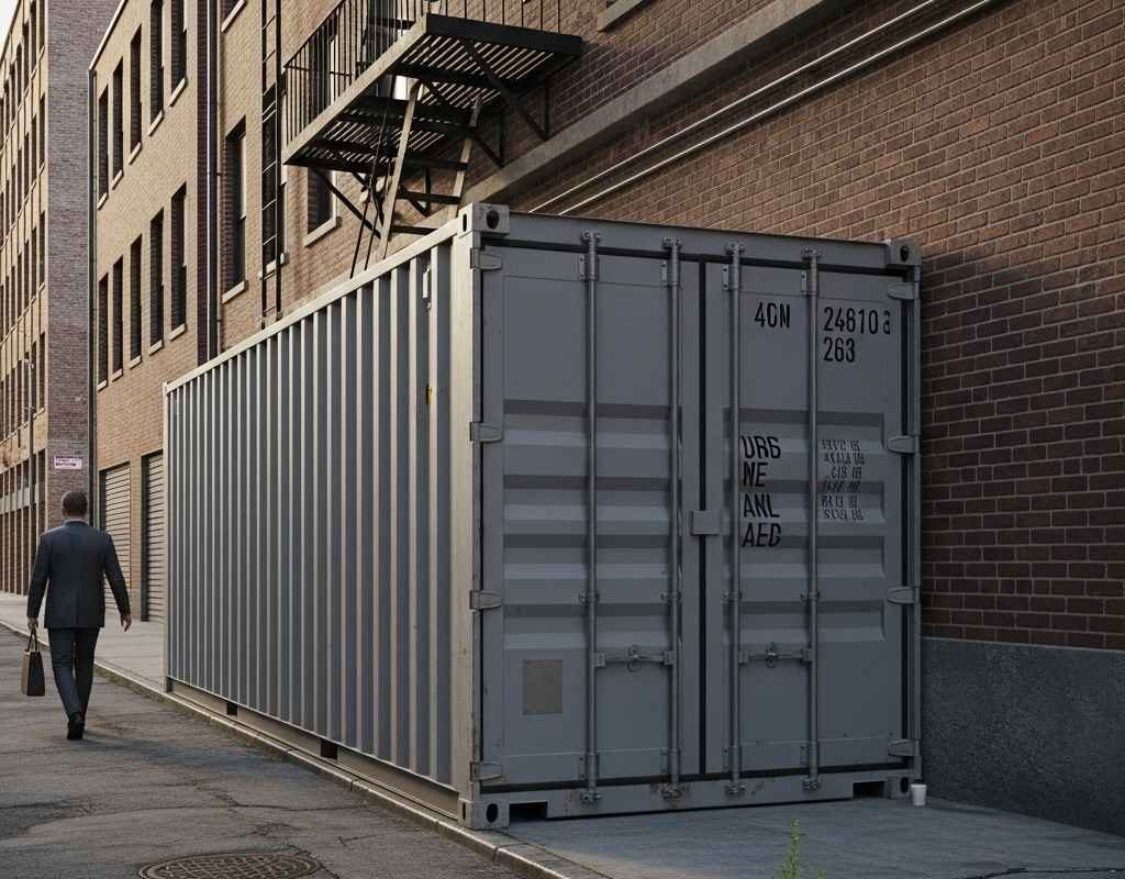 storage containers Saint John — steel container placed in tight urban lane beside brick buildings