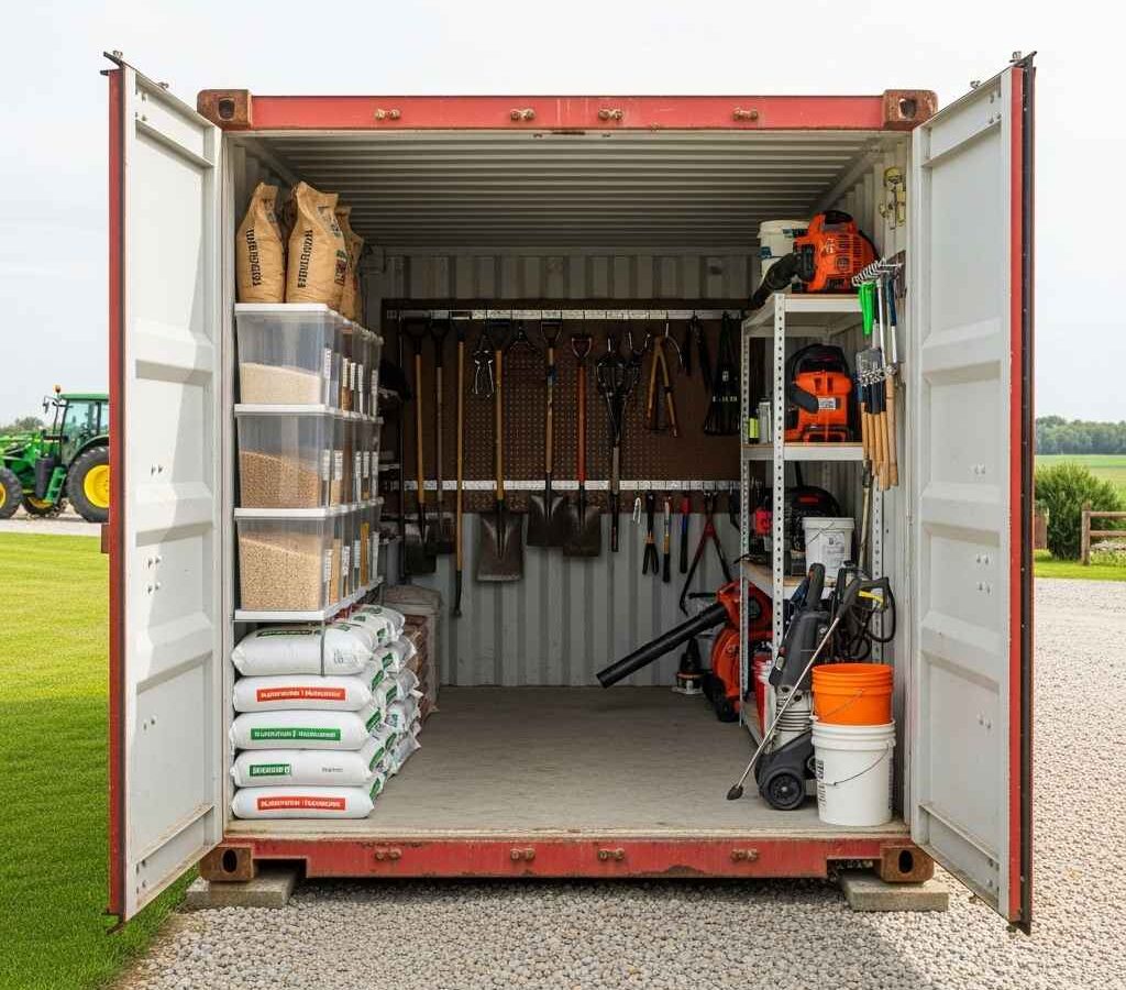 storage containers Saint John — open farm container with tools, pegboard, shelves, and feed bags