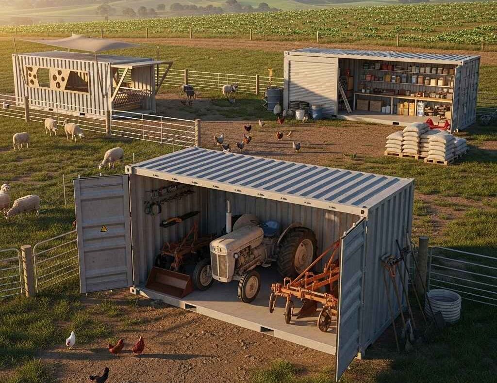 storage containers Saint John — farm tractor bay container and roll-up supply container with feed bags