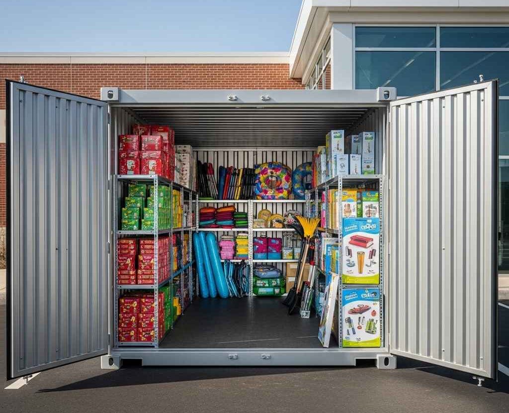 storage containers Saint John — container with shelving for retail overflow behind storefront