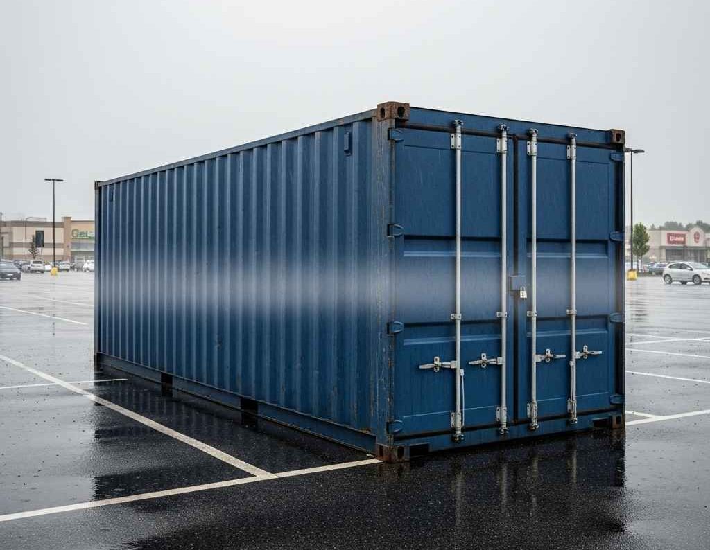 storage containers Saint John — steel container on retail parking lot in rainy weather