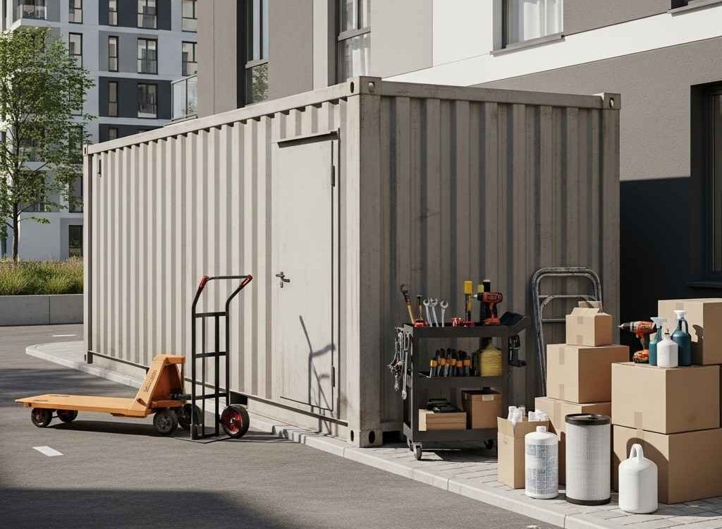 storage containers Saint John — container in apartment service area with tools cart, boxes, and pallet jack