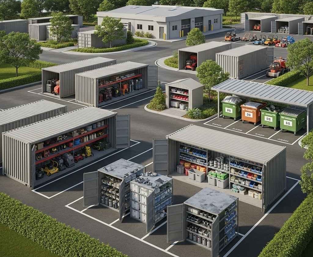 storage containers Saint John — multiple open containers with shelving on multi-unit property