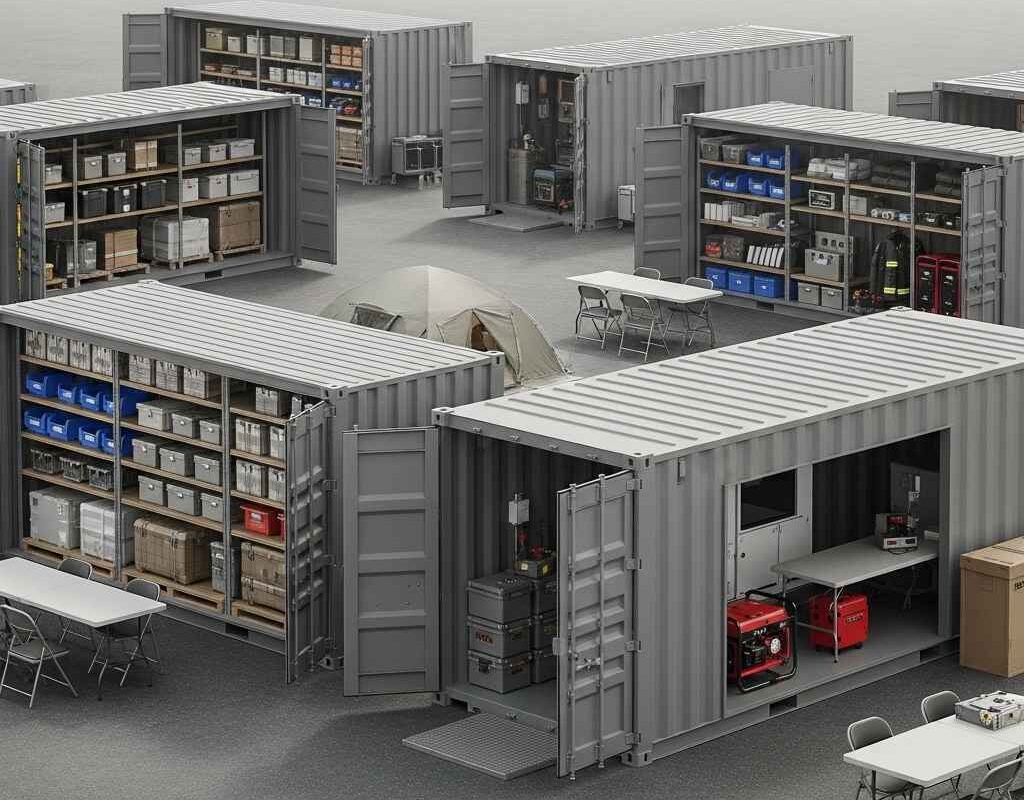 storage containers Saint John — open containers with shelving and generators at disaster relief staging area