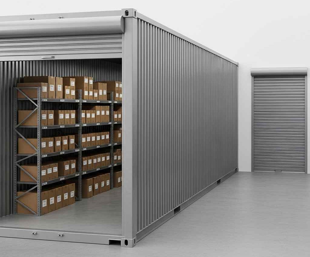 storage containers Saint John — open container with shelving beside retail receiving area