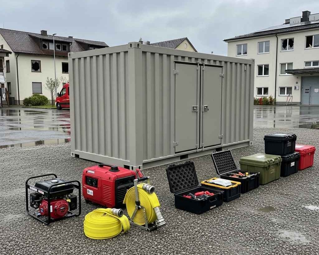 storage containers Saint John — steel container with generators, hoses, and equipment cases on wet response site