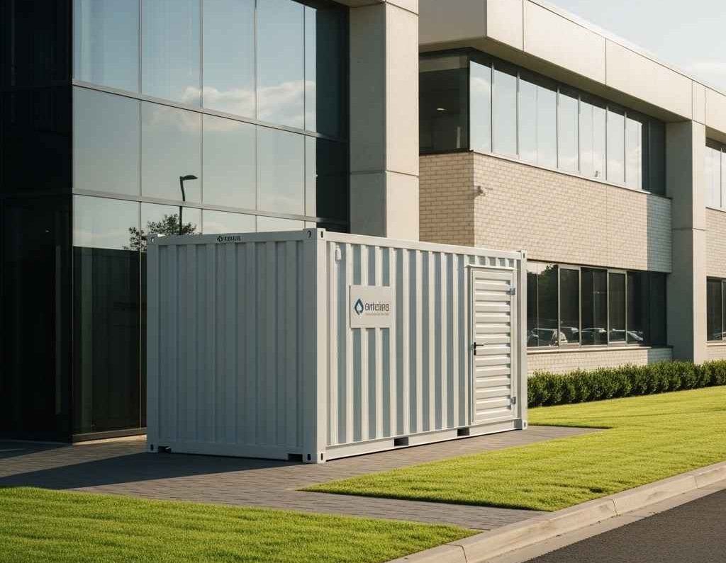 storage containers Saint John — clean steel container beside modern commercial office building