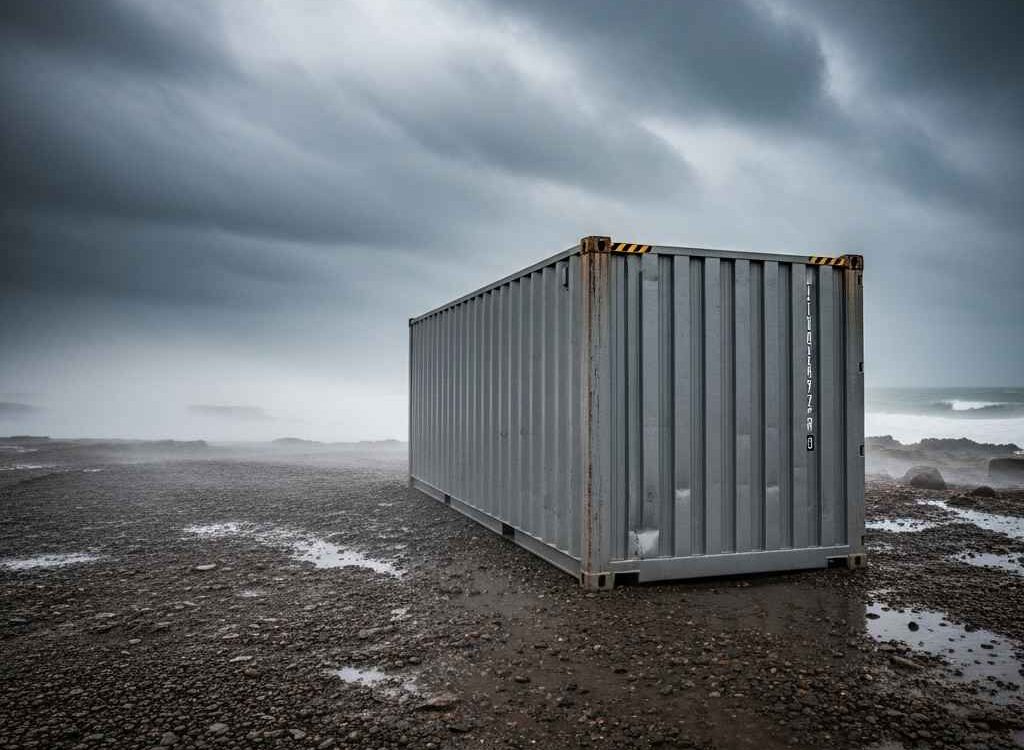 storage containers Saint John — steel container on stormy coastal site with waves and puddles