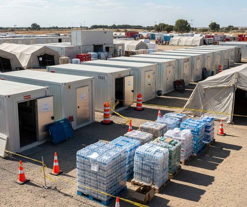 storage containers Saint John — disaster relief base with rows of containers, tents, and pallets of bottled water