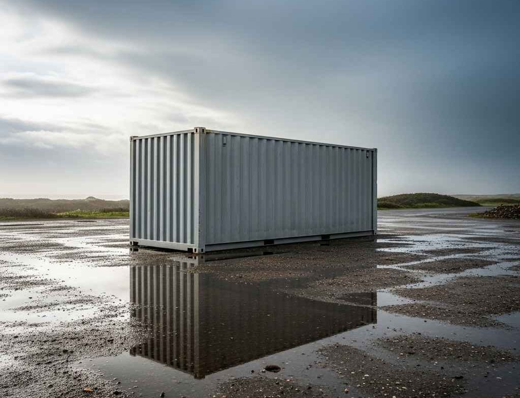 storage containers Saint John — steel container on wet municipal lot after rainstorm Title: Weather-Tight Steel Container — Alloy Storage Saint John