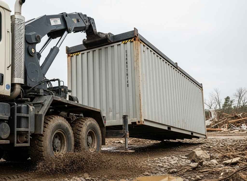 storage containers Saint John — crane truck off-loading steel container at emergency response site