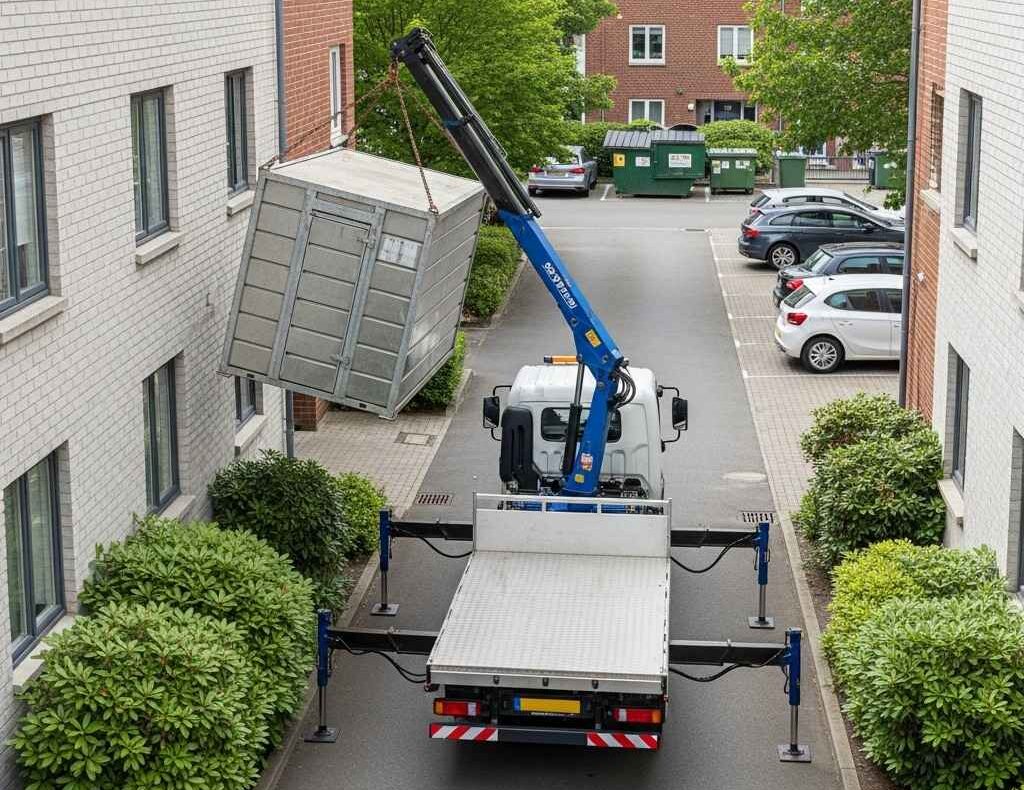 storage containers Saint John — crane truck delivering container in narrow apartment driveway