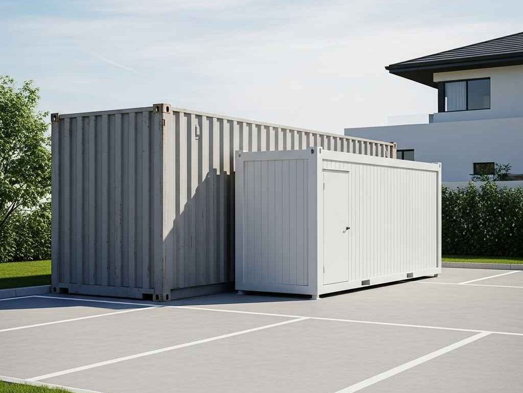 storage containers Saint John — standard container with flat-pack storage unit side by side at apartment property