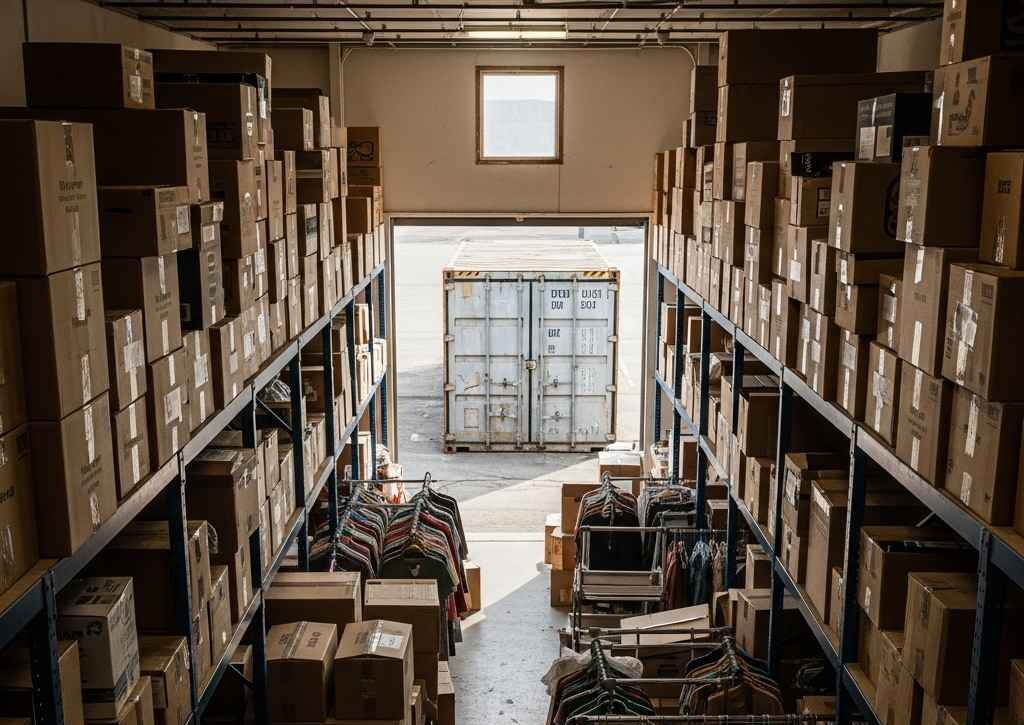 storage containers Saint John — retail backroom overflow with container staged at loading door
