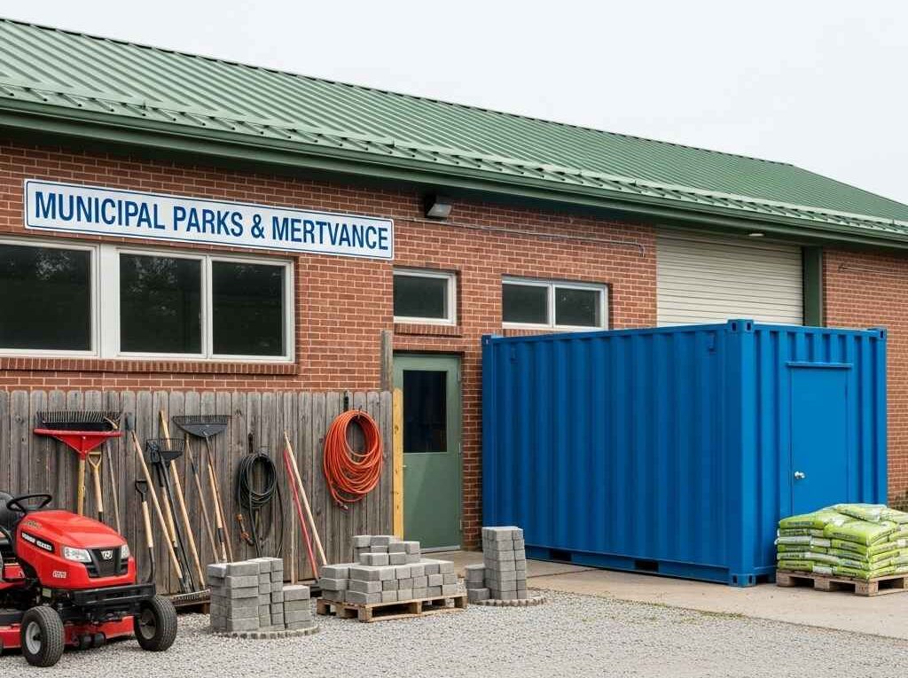 storage containers Saint John — blue container beside municipal parks & maintenance building with tools