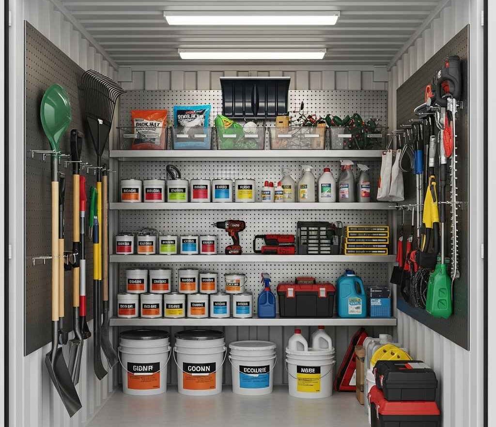 storage containers Saint John — organized container interior with pegboard, tools, and maintenance supplies