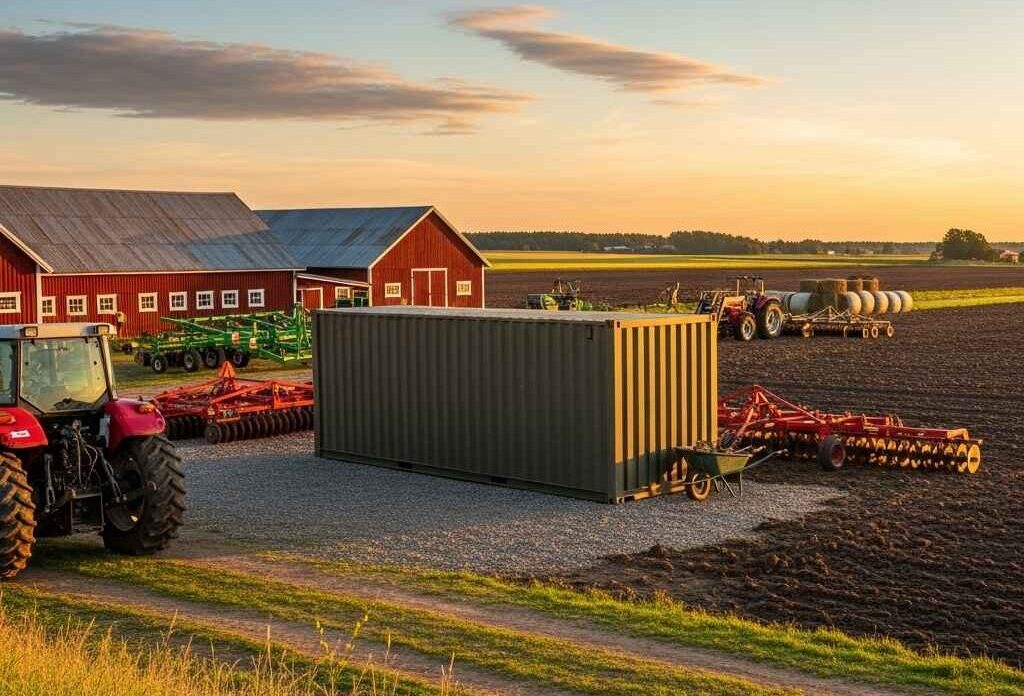storage containers Saint John — green container on gravel pad beside farm fields, tractors, and red barn at sunset