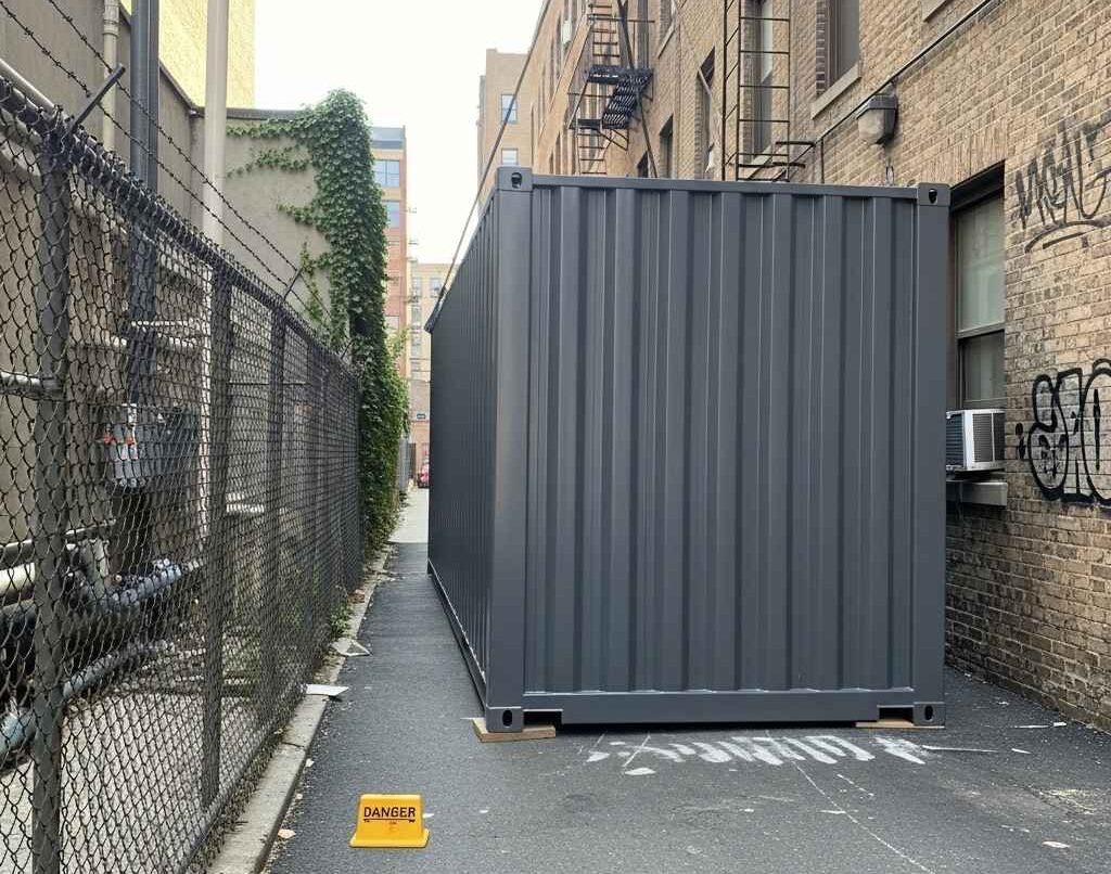 storage containers Saint John — container placed in narrow service alley behind city building