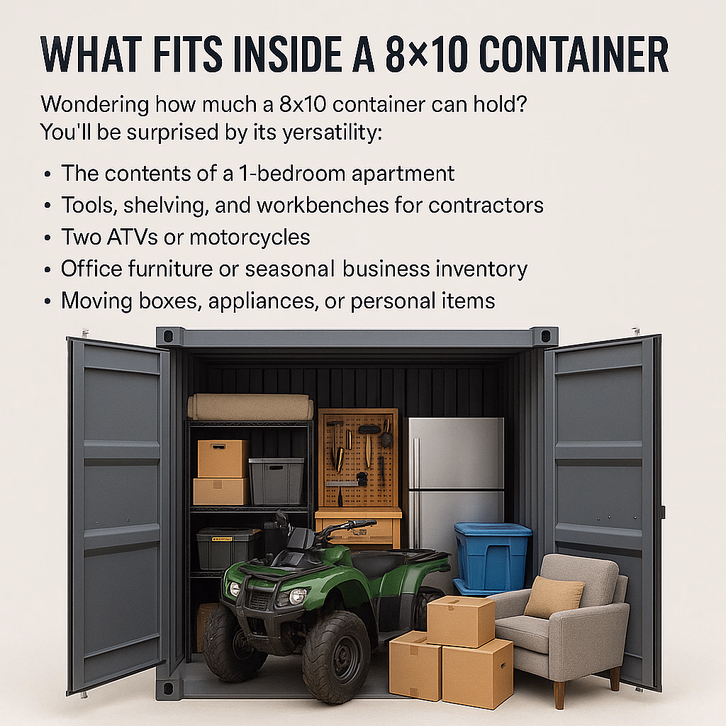 storage containers Saint John — “what fits in an 8×10 container” graphic with open unit showing ATV, couch, fridge, boxes, and tools
