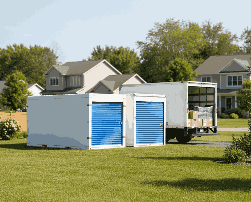 Closed storage pod next to a suburban home with a moving truck in the background.