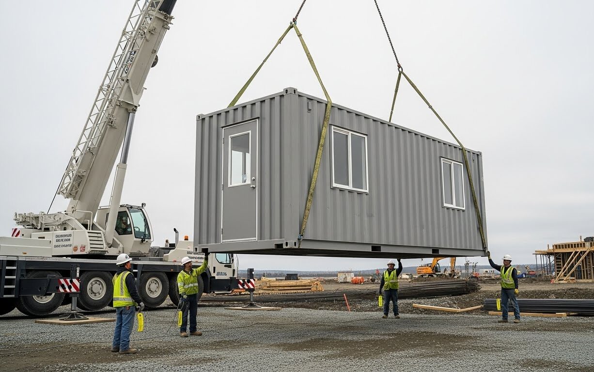 Relocatable container site office being moved between construction phases