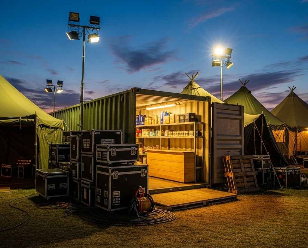 Temporary storage container placed at a multi-day event site for short-term equipment and merchandise storage.