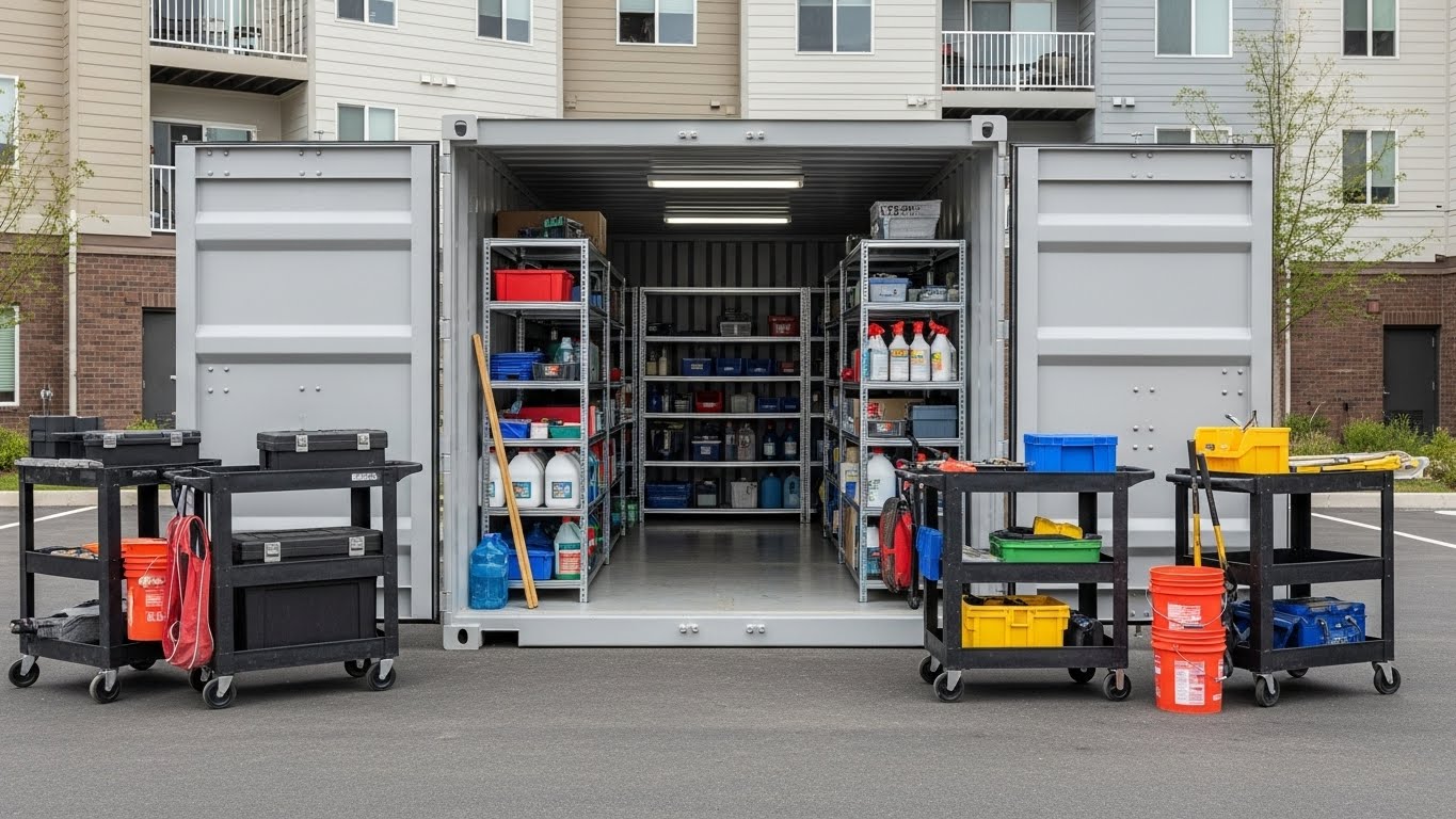 Central maintenance storage container supporting multiple apartment buildings