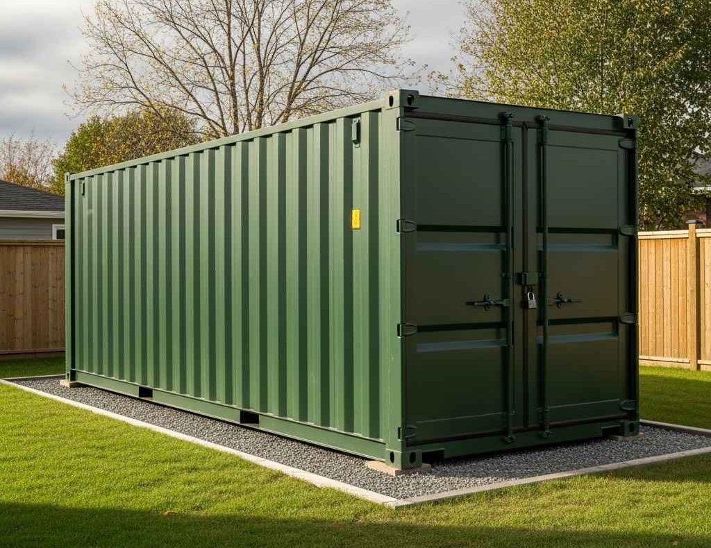 Durable steel storage container placed in a clean backyard, representing reliable storage for home-based entrepreneurs.